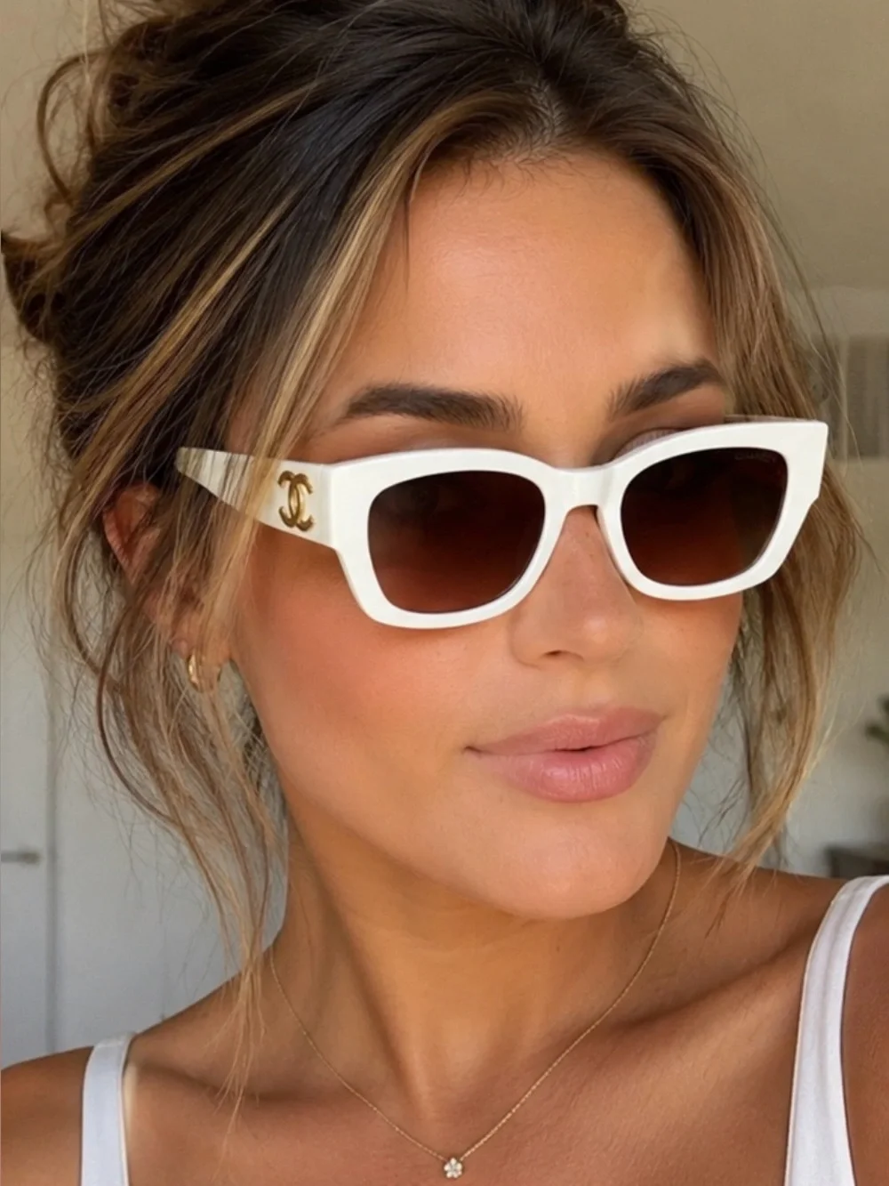 CHANEL White Rectangular Sunglasses with box.